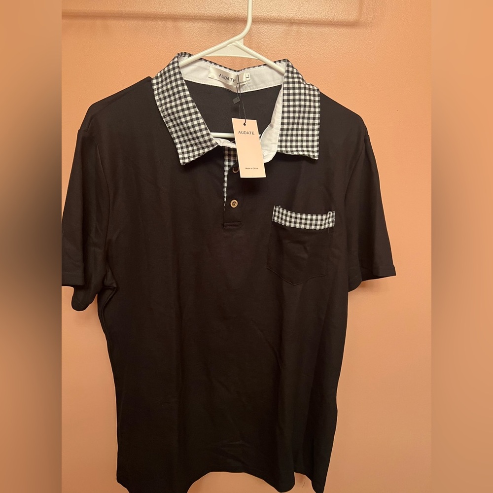Audate black men’s short sleeve polo with plaid accents